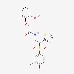 molecular formula C22H22FNO5S2 B2446910 N-(2-((4-fluoro-3-methylphenyl)sulfonyl)-2-(thiophen-2-yl)ethyl)-2-(2-methoxyphenoxy)acetamide CAS No. 923122-68-3