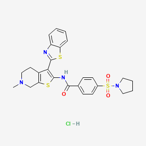molecular formula C26H27ClN4O3S3 B2446943 N-(3-(benzo[d]thiazol-2-yl)-6-methyl-4,5,6,7-tetrahydrothieno[2,3-c]pyridin-2-yl)-4-(pyrrolidin-1-ylsulfonyl)benzamide hydrochloride CAS No. 1215598-67-6