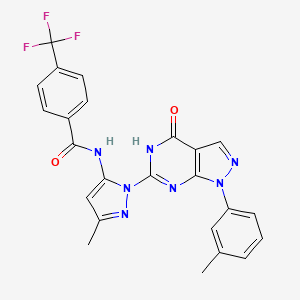 molecular formula C24H18F3N7O2 B2447358 N-(3-methyl-1-(4-oxo-1-(m-tolyl)-4,5-dihydro-1H-pyrazolo[3,4-d]pyrimidin-6-yl)-1H-pyrazol-5-yl)-4-(trifluoromethyl)benzamide CAS No. 1170106-93-0