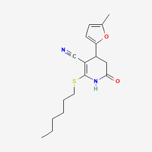molecular formula C17H22N2O2S B2447363 2-(Hexylthio)-4-(5-methylfuran-2-yl)-6-oxo-1,4,5,6-tetrahydropyridine-3-carbonitrile 