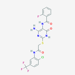 molecular formula C20H14ClF4N5O3S B2447423 N-(4-amino-2-((2-((2-chloro-5-(trifluoromethyl)phenyl)amino)-2-oxoethyl)thio)-6-oxo-1,6-dihydropyrimidin-5-yl)-2-fluorobenzamide CAS No. 888428-52-2
