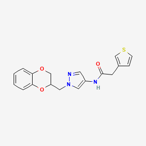 molecular formula C18H17N3O3S B2447433 N-(1-((2,3-dihydrobenzo[b][1,4]dioxin-2-yl)methyl)-1H-pyrazol-4-yl)-2-(thiophen-3-yl)acetamide CAS No. 1795471-92-9