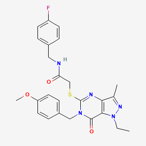 molecular formula C25H26FN5O3S B2447504 2-({1-乙基-6-[(4-甲氧基苯基)甲基]-3-甲基-7-氧代-1H,6H,7H-吡唑并[4,3-d]嘧啶-5-基}硫基)-N-[(4-氟苯基)甲基]乙酰胺 CAS No. 1358683-91-6