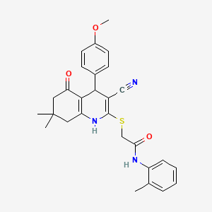 molecular formula C28H29N3O3S B2447514 2-{[3-cyano-4-(4-methoxyphenyl)-7,7-dimethyl-5-oxo-1,4,5,6,7,8-hexahydroquinolin-2-yl]sulfanyl}-N-(2-methylphenyl)acetamide CAS No. 342384-49-0