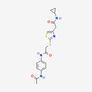 molecular formula C18H20N4O3S2 B2447543 N-(4-acetamidophenyl)-2-((4-(2-(cyclopropylamino)-2-oxoethyl)thiazol-2-yl)thio)acetamide CAS No. 941892-06-4