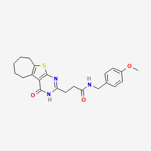 molecular formula C22H25N3O3S B2447558 N-(4-methoxybenzyl)-3-(4-oxo-3,5,6,7,8,9-hexahydro-4H-cyclohepta[4,5]thieno[2,3-d]pyrimidin-2-yl)propanamide CAS No. 950345-49-0