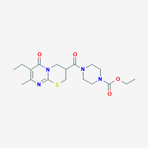 molecular formula C18H26N4O4S B2447595 Ethyl 4-(7-ethyl-8-methyl-6-oxo-2,3,4,6-tetrahydropyrimido[2,1-b][1,3]thiazine-3-carbonyl)piperazine-1-carboxylate CAS No. 1421516-86-0