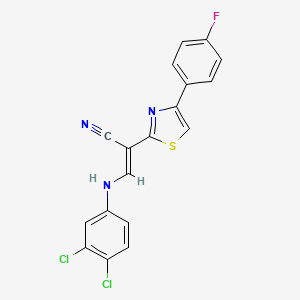 molecular formula C18H10Cl2FN3S B2447600 (2E)-3-[(3,4-dichlorophenyl)amino]-2-[4-(4-fluorophenyl)-1,3-thiazol-2-yl]prop-2-enenitrile CAS No. 477186-70-2