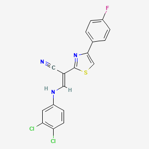 molecular formula C18H10Cl2FN3S B2447600 (E)-3-((3,4-dichlorophenyl)amino)-2-(4-(4-fluorophenyl)thiazol-2-yl)acrylonitrile CAS No. 477186-70-2