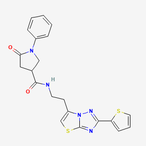 molecular formula C21H19N5O2S2 B2447601 5-oxo-1-phenyl-N-(2-(2-(thiophen-2-yl)thiazolo[3,2-b][1,2,4]triazol-6-yl)ethyl)pyrrolidine-3-carboxamide CAS No. 1211706-79-4