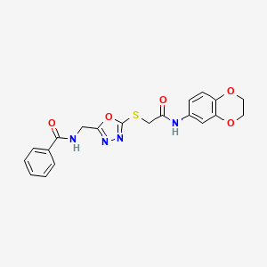 molecular formula C20H18N4O5S B2447784 N-((5-((2-((2,3-dihydrobenzo[b][1,4]dioxin-6-yl)amino)-2-oxoethyl)thio)-1,3,4-oxadiazol-2-yl)methyl)benzamide CAS No. 872613-50-8
