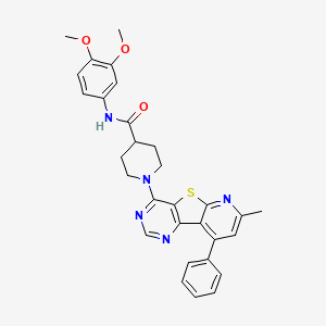molecular formula C30H29N5O3S B2448038 N-(3,4-dimethoxyphenyl)-1-(11-methyl-13-phenyl-8-thia-3,5,10-triazatricyclo[7.4.0.02,7]trideca-1(13),2(7),3,5,9,11-hexaen-6-yl)piperidine-4-carboxamide CAS No. 1112384-24-3