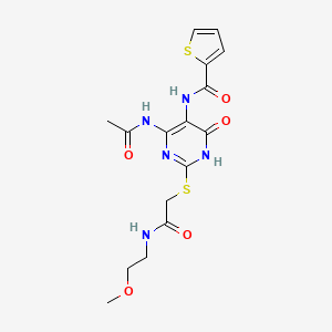 molecular formula C16H19N5O5S2 B2448103 N-(4-acetamido-2-((2-((2-methoxyethyl)amino)-2-oxoethyl)thio)-6-oxo-1,6-dihydropyrimidin-5-yl)thiophene-2-carboxamide CAS No. 872608-86-1
