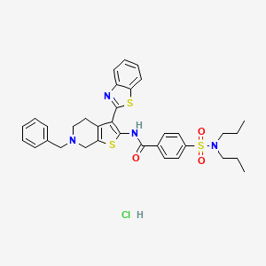 molecular formula C34H37ClN4O3S3 B2448215 N-(3-(benzo[d]thiazol-2-yl)-6-benzyl-4,5,6,7-tetrahydrothieno[2,3-c]pyridin-2-yl)-4-(N,N-dipropylsulfamoyl)benzamide hydrochloride CAS No. 1216424-65-5