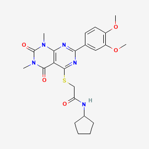 molecular formula C23H27N5O5S B2448444 N-cyclopentyl-2-((2-(3,4-dimethoxyphenyl)-6,8-dimethyl-5,7-dioxo-5,6,7,8-tetrahydropyrimido[4,5-d]pyrimidin-4-yl)thio)acetamide CAS No. 893908-45-7