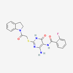 B2448636 N-(4-amino-2-((2-(indolin-1-yl)-2-oxoethyl)thio)-6-oxo-1,6-dihydropyrimidin-5-yl)-2-fluorobenzamide CAS No. 872597-23-4