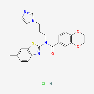 molecular formula C23H23ClN4O3S B2448955 N-(3-(1H-imidazol-1-yl)propyl)-N-(6-methylbenzo[d]thiazol-2-yl)-2,3-dihydrobenzo[b][1,4]dioxine-6-carboxamide hydrochloride CAS No. 1217092-92-6