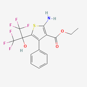 molecular formula C16H13F6NO3S B2448995 Ethyl 2-amino-5-(1,1,1,3,3,3-hexafluoro-2-hydroxypropan-2-yl)-4-phenylthiophene-3-carboxylate CAS No. 380345-50-6