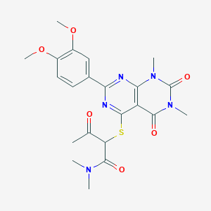 molecular formula C22H25N5O6S B2449153 2-((2-(3,4-dimethoxyphenyl)-6,8-dimethyl-5,7-dioxo-5,6,7,8-tetrahydropyrimido[4,5-d]pyrimidin-4-yl)thio)-N,N-dimethyl-3-oxobutanamide CAS No. 872842-71-2