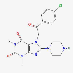 molecular formula C19H21ClN6O3 B2449228 7-(2-(4-chlorophenyl)-2-oxoethyl)-1,3-dimethyl-8-(piperazin-1-yl)-1H-purine-2,6(3H,7H)-dione CAS No. 331671-64-8