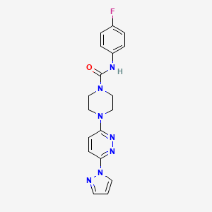 molecular formula C18H18FN7O B2449262 4-(6-(1H-pyrazol-1-yl)pyridazin-3-yl)-N-(4-fluorophenyl)piperazine-1-carboxamide CAS No. 1013807-38-9