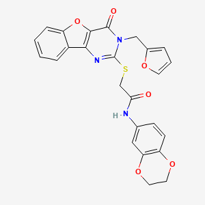 molecular formula C25H19N3O6S B2449282 N-(2,3-dihydro-1,4-benzodioxin-6-yl)-2-({5-[(furan-2-yl)methyl]-6-oxo-8-oxa-3,5-diazatricyclo[7.4.0.0^{2,7}]trideca-1(13),2(7),3,9,11-pentaen-4-yl}sulfanyl)acetamide CAS No. 892297-43-7