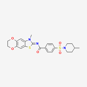 molecular formula C23H25N3O5S2 B2449316 N-(3-methyl-6,7-dihydro-[1,4]dioxino[2,3-f][1,3]benzothiazol-2-ylidene)-4-(4-methylpiperidin-1-yl)sulfonylbenzamide CAS No. 1321960-81-9