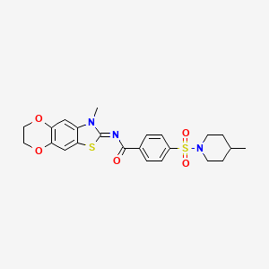 molecular formula C23H25N3O5S2 B2449316 (E)-N-(3-methyl-6,7-dihydro-[1,4]dioxino[2',3':4,5]benzo[1,2-d]thiazol-2(3H)-ylidene)-4-((4-methylpiperidin-1-yl)sulfonyl)benzamide CAS No. 1321960-81-9