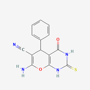 molecular formula C14H10N4O2S B2449319 7-氨基-4-氧代-5-苯基-2-硫代-1,3,5,8-四氢-8-氧代喹唑啉-6-碳腈 CAS No. 112434-50-1