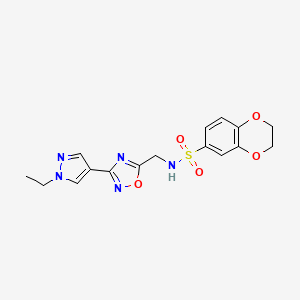 molecular formula C16H17N5O5S B2449533 N-((3-(1-ethyl-1H-pyrazol-4-yl)-1,2,4-oxadiazol-5-yl)methyl)-2,3-dihydrobenzo[b][1,4]dioxine-6-sulfonamide CAS No. 2034535-16-3