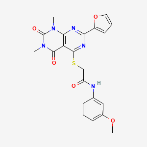 molecular formula C21H19N5O5S B2449650 2-((2-(furan-2-yl)-6,8-dimethyl-5,7-dioxo-5,6,7,8-tetrahydropyrimido[4,5-d]pyrimidin-4-yl)thio)-N-(3-methoxyphenyl)acetamide CAS No. 847190-97-0