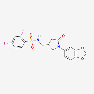 molecular formula C18H16F2N2O5S B2449714 N-((1-(benzo[d][1,3]dioxol-5-yl)-5-oxopyrrolidin-3-yl)methyl)-2,4-difluorobenzenesulfonamide CAS No. 954634-67-4