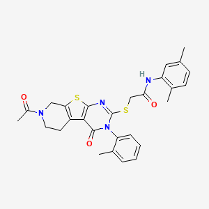 molecular formula C28H28N4O3S2 B2449718 2-[[11-acetyl-4-(2-methylphenyl)-3-oxo-8-thia-4,6,11-triazatricyclo[7.4.0.02,7]trideca-1(9),2(7),5-trien-5-yl]sulfanyl]-N-(2,5-dimethylphenyl)acetamide CAS No. 1185076-56-5