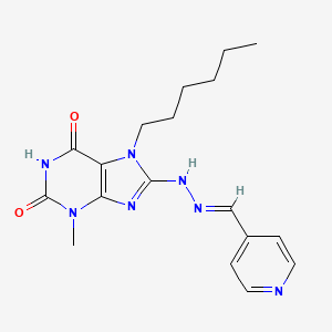 molecular formula C18H23N7O2 B2449773 (E)-7-hexyl-3-methyl-8-(2-(pyridin-4-ylmethylene)hydrazinyl)-1H-purine-2,6(3H,7H)-dione CAS No. 377058-91-8