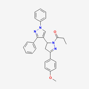molecular formula C28H26N4O2 B2449811 1-[5-(4-methoxyphenyl)-1',3'-diphenyl-3,4-dihydro-1'H,2H-[3,4'-bipyrazole]-2-yl]propan-1-one CAS No. 344957-00-2