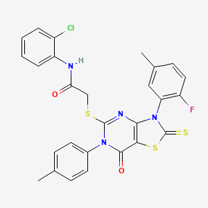 molecular formula C27H20ClFN4O2S3 B2449816 N-(2-chlorophenyl)-2-{[3-(2-fluoro-5-methylphenyl)-6-(4-methylphenyl)-7-oxo-2-sulfanylidene-2H,3H,6H,7H-[1,3]thiazolo[4,5-d]pyrimidin-5-yl]sulfanyl}acetamide CAS No. 422305-91-7