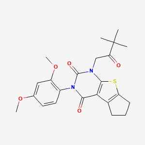 molecular formula C23H26N2O5S B2449819 3-(2,4-dimethoxyphenyl)-1-(3,3-dimethyl-2-oxobutyl)-6,7-dihydro-1H-cyclopenta[4,5]thieno[2,3-d]pyrimidine-2,4(3H,5H)-dione CAS No. 892278-53-4