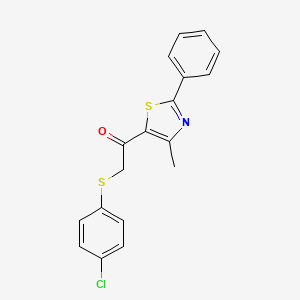 molecular formula C18H14ClNOS2 B2449877 2-[(4-氯苯基)硫基]-1-(4-甲基-2-苯基-1,3-噻唑-5-基)-1-乙酮 CAS No. 478047-38-0