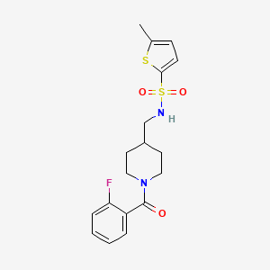 molecular formula C18H21FN2O3S2 B2449888 N-((1-(2-fluorobenzoyl)piperidin-4-yl)methyl)-5-methylthiophene-2-sulfonamide CAS No. 1235151-95-7