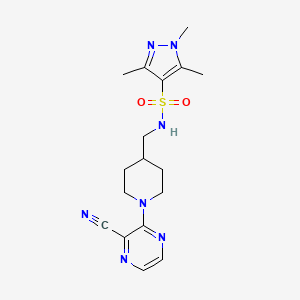 molecular formula C17H23N7O2S B2449987 N-((1-(3-cyanopyrazin-2-yl)piperidin-4-yl)methyl)-1,3,5-trimethyl-1H-pyrazole-4-sulfonamide CAS No. 1797956-53-6