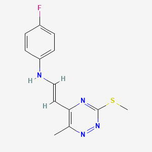 molecular formula C13H13FN4S B2449990 N-(4-fluorophenyl)-N-{2-[6-methyl-3-(methylsulfanyl)-1,2,4-triazin-5-yl]vinyl}amine CAS No. 1164451-26-6