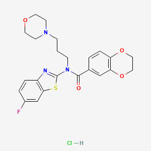 molecular formula C23H25ClFN3O4S B2450106 N-(6-fluorobenzo[d]thiazol-2-yl)-N-(3-morpholinopropyl)-2,3-dihydrobenzo[b][1,4]dioxine-6-carboxamide hydrochloride CAS No. 1217112-13-4