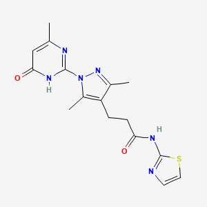 molecular formula C16H18N6O2S B2450306 3-(3,5-dimethyl-1-(4-methyl-6-oxo-1,6-dihydropyrimidin-2-yl)-1H-pyrazol-4-yl)-N-(thiazol-2-yl)propanamide CAS No. 1169998-80-4