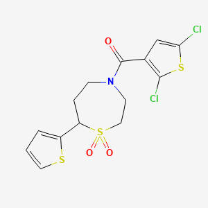 molecular formula C14H13Cl2NO3S3 B2450316 (2,5-Dichlorothiophen-3-yl)(1,1-dioxido-7-(thiophen-2-yl)-1,4-thiazepan-4-yl)methanone CAS No. 2034335-09-4