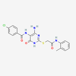 molecular formula C20H18ClN5O3S B2450317 N-(4-amino-6-oxo-2-((2-oxo-2-(o-tolylamino)ethyl)thio)-1,6-dihydropyrimidin-5-yl)-4-chlorobenzamide CAS No. 888432-16-4