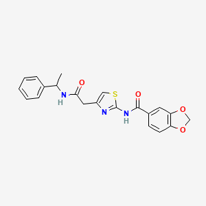 molecular formula C21H19N3O4S B2450606 N-(4-(2-oxo-2-((1-phenylethyl)amino)ethyl)thiazol-2-yl)benzo[d][1,3]dioxole-5-carboxamide CAS No. 1005308-49-5