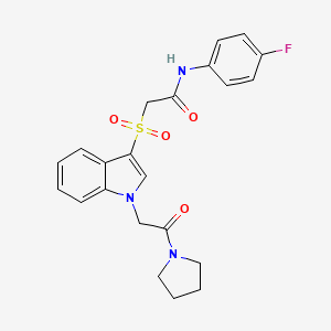 molecular formula C22H22FN3O4S B2450833 N-(4-fluorophenyl)-2-((1-(2-oxo-2-(pyrrolidin-1-yl)ethyl)-1H-indol-3-yl)sulfonyl)acetamide CAS No. 878056-28-1