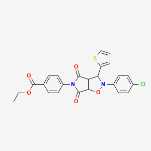 molecular formula C24H19ClN2O5S B2450936 ethyl 4-[2-(4-chlorophenyl)-4,6-dioxo-3-(thiophen-2-yl)-hexahydro-2H-pyrrolo[3,4-d][1,2]oxazol-5-yl]benzoate CAS No. 1005040-51-6