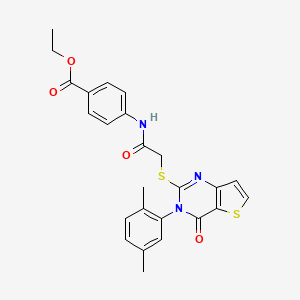 molecular formula C25H23N3O4S2 B2450948 ethyl 4-(2-{[3-(2,5-dimethylphenyl)-4-oxo-3H,4H-thieno[3,2-d]pyrimidin-2-yl]sulfanyl}acetamido)benzoate CAS No. 1291848-18-4