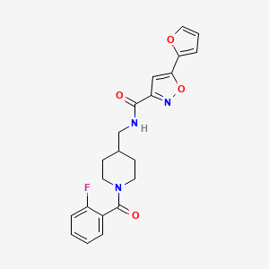 molecular formula C21H20FN3O4 B2450952 N-((1-(2-fluorobenzoyl)piperidin-4-yl)methyl)-5-(furan-2-yl)isoxazole-3-carboxamide CAS No. 1235239-53-8